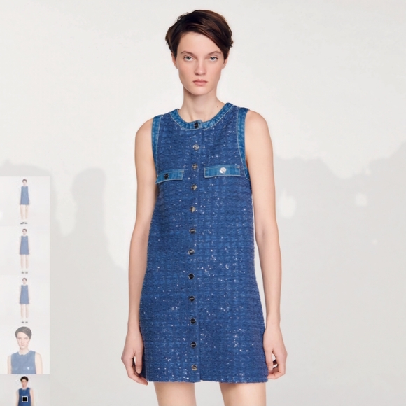 NWT Sandro Denim Glittering Tweed-effect Trapeze Dress Sleeveless Size 36 Small - Picture 8 of 11